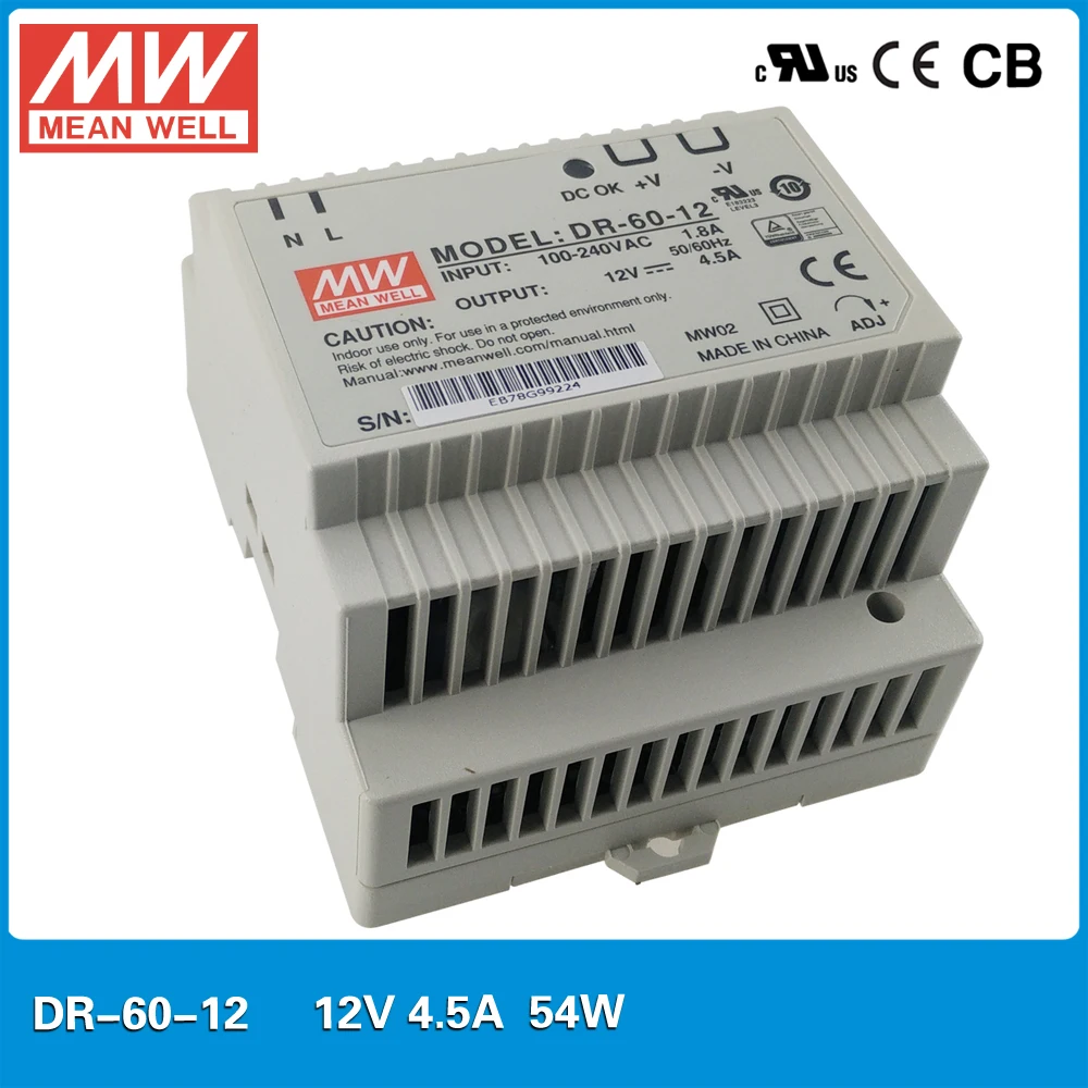 

MEAN WELL DR-60 Single Output 60W 200v to 12v 15V 24v Genuine Industrial DIN Rail Switching Power Supply SMPS