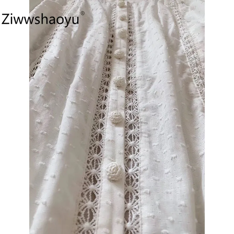 Ziwwshaoyu элегантная открытая вышивка белая хлопковая блузка рубашка для женщин дизайнерский бренд фонарь рукав сексуальная блузка рубашка Топы