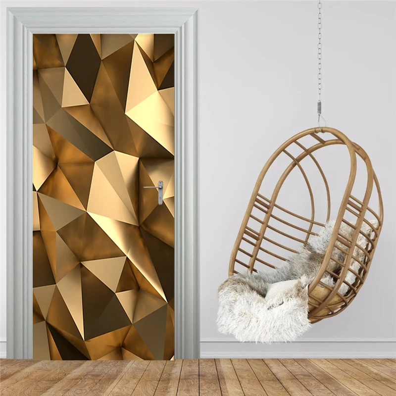 Современные 3D Золотые фотообои с геометрическим рисунком, обои для гостиной, ванной комнаты, самоклеющиеся водонепроницаемые наклейки на дверь, домашний декор, 3D плакат с изображением двери