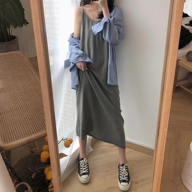 

2 colors Summer Dress 2019 korean style Women Spaghetti Strap Casual a line solid color long Dress Women (X305)