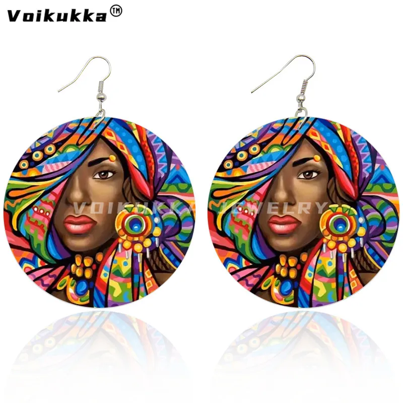 Voikukka Jewelry 2021 New Product 6 Cm Round Wood Both Sides Printing Facial Makeup Paintings African Ethnic Accessory