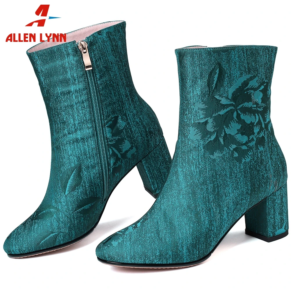 

Ethnic Flower Prints Ankle Boots Women Waterproof Embroidery High Heels Short Boots Woman Shoes Women Size 33-43