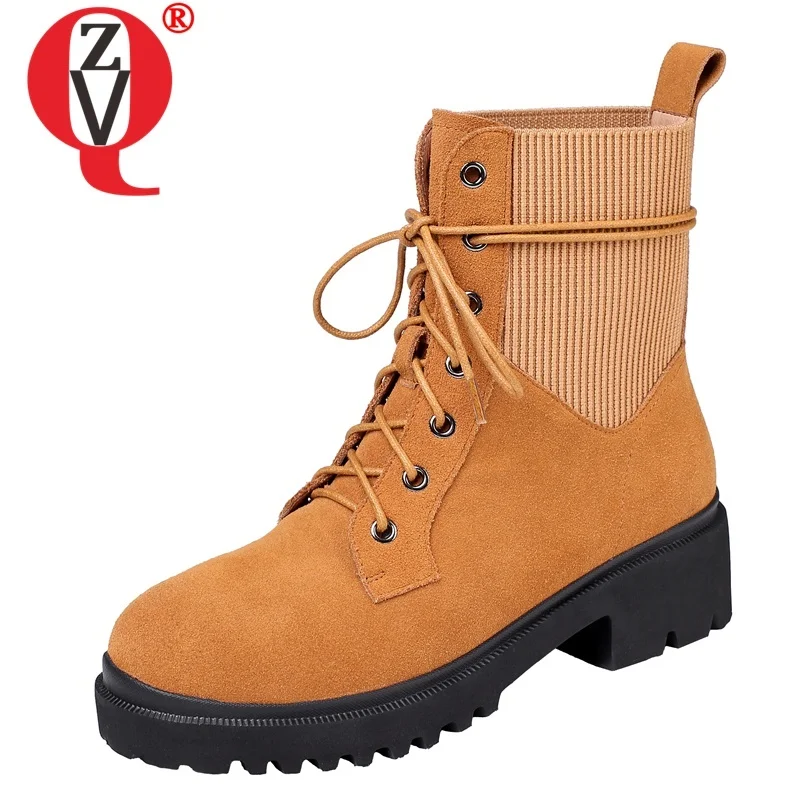 

ZVQ winter new concise casual cow suede ankle boots outside mid heels platform cross-tied round toe shoes women drop shipping
