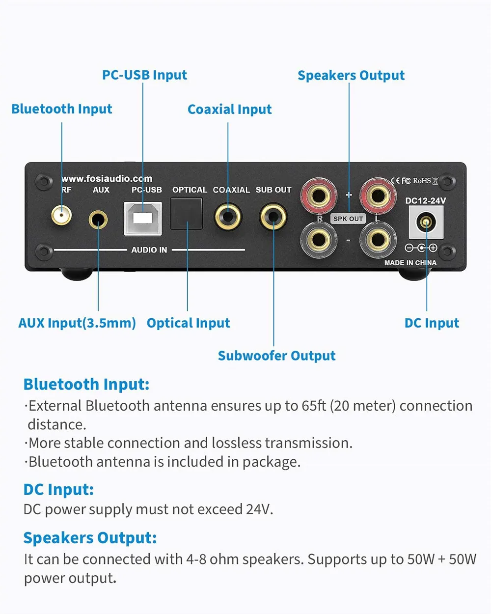 Estéreo de Áudio sem Fio Fosi Áudio Amplificador Bluetooth Amp Alta Fidelidade Classe d Power 50w x2 Alto-falantes & Subwoofer Ativo Da2120a - Image 3