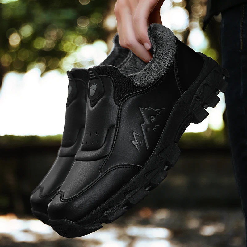 

Men Leather Winter Boots High Quality with fur warm Snow Boots plush outdoor Ankle Boots For Men Business Dress Shoes Men j3