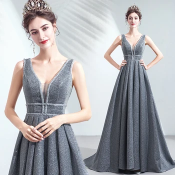 

Elegant Grey Evening Dresses A-line V-neck Sequins Satin Formal Party Dresses Evening Gowns Vestido De Festa JK47