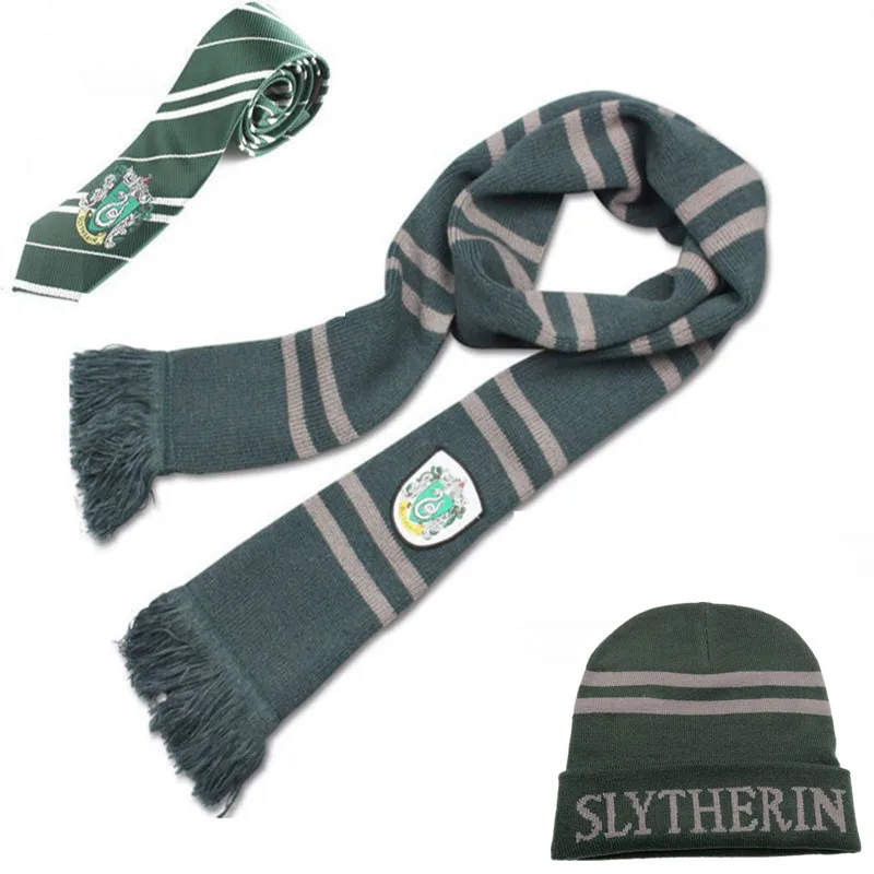 Хогвартс Школа Гриффиндор Слизерин Ravenclaw Hufflepuff шарф шляпа перчатки набор шапки бини галстук Волшебные школьные костюмы для косплея - Цвет: Slytherin