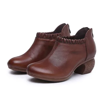 

YourSeason Ladies Genuine Leather Retro Zip Pumps 2020 New Spring Autumn Round Toe Pleated Concise Women Casual Handmade Shoes