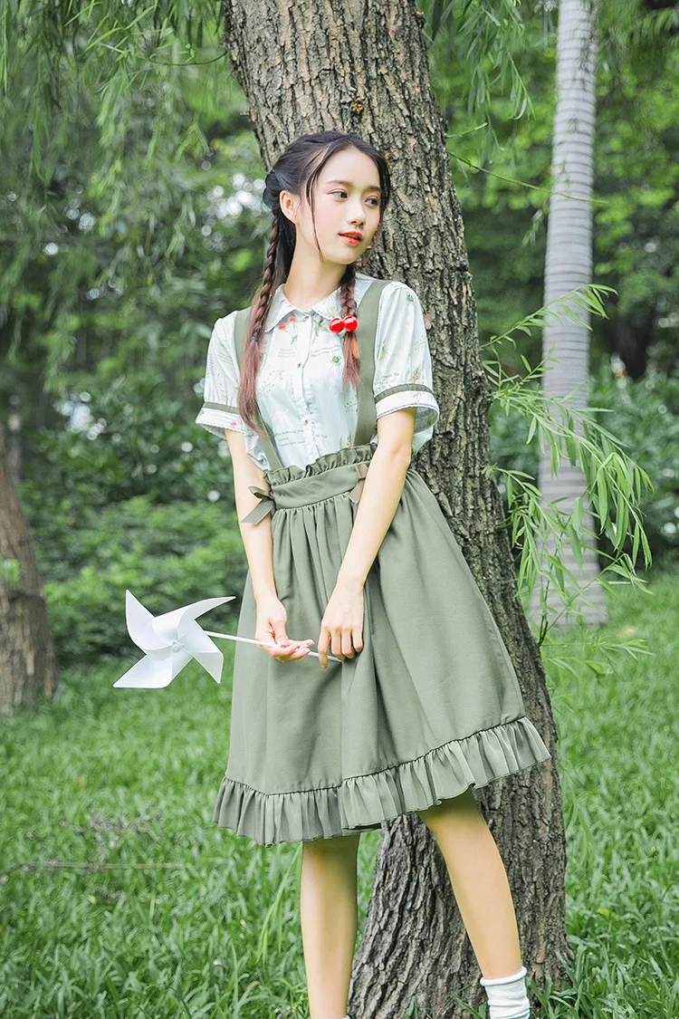 Японское милое платье в стиле Лолиты с бантом и высокой талией, платье в викторианском стиле + Милая рубашка в стиле Лолиты с принтом «Питер