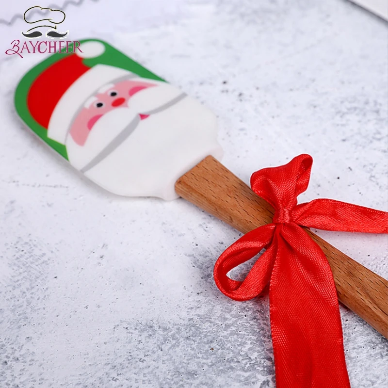 Кухонный мини Силиконовый шпатель для украшения Рождественского торта, шпатель с деревянной ручкой для перемешивания масла, скребок для крема, лопатка для масла