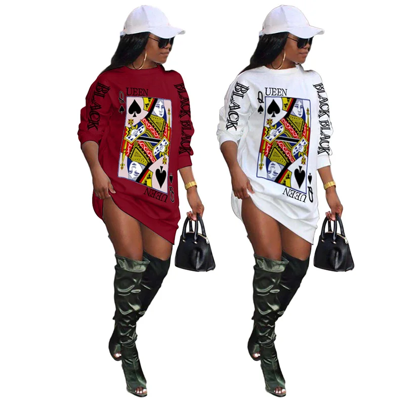 

Spring Clothes for Women Long Sleeve Dresses Streetwear Poker Print Mini Dress Loose Pullover Shirt Dress Wholesale Dropshipping