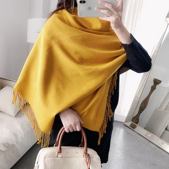 

2020New Autumn and winter Keep warm Imitation cashmere Scarf Solid color Double-sided Tassels Minimalism Sweet Women Shawls