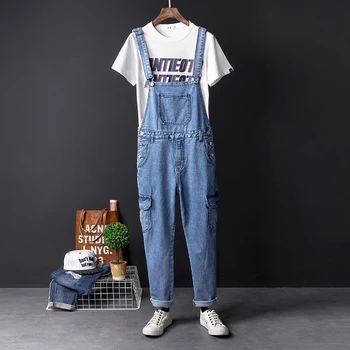 

Denim overalls male Korean version of the nine points pants Siamese overalls male overalls