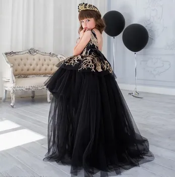 

New Arrival Black high Low Flower Girl Dresses First Communion Dresses for Girls Sequins Kids Evening Pageant Gowns