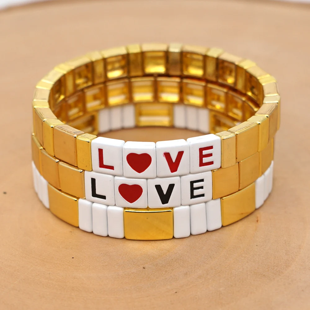 

Shinus LOVE Letter Bracelet Women Gold Enamel Tile Bracelets Couple Pulseras Mujer 2019 Jewelry Bangles boho Handmade Csutom New