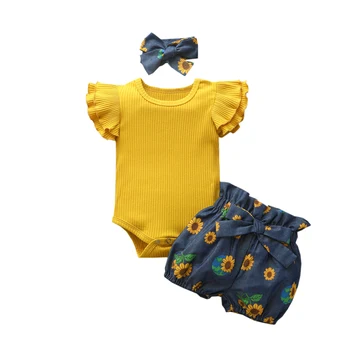 

0-24M Flower Newborn infant Baby Girl Clothes Set Summer Ruffles Jumpsuit Playsuit Sunflower Shorts Headband Outfits
