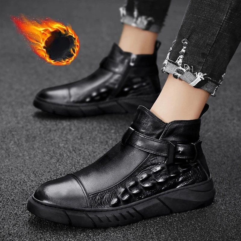Botas de invierno británicas para hombre, zapatos informales de cuero PU, Botines Chelsea cálidos, botines de felpa, botines con plataforma, color negro|Botinas| AliExpress