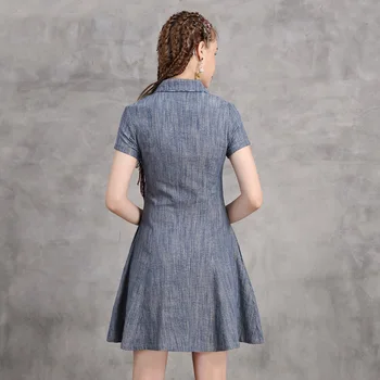 

ARetro Women's 2020 Summer Dress New Slimt Buckle Cotton And Linen Comfortable Denim Blue Casual Small Slim Dress