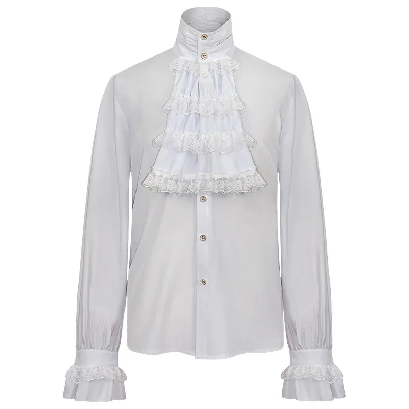 White Cotton & Lace Ruffles Stand Collar Lantern Sleeve Medieval Party Wear Vintage Shirt Men Gothic Clothes Victorian Top Male
