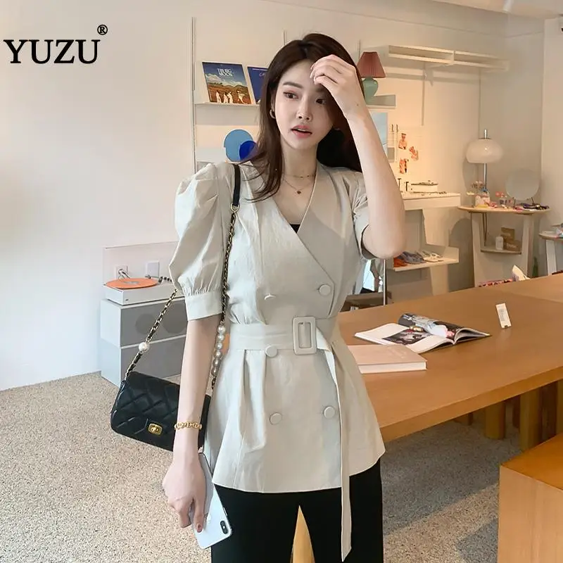 

Linen Coat Women Summer 2020 Office Apricot Solid V Neck Short Puff Sleeve Double Breasted With Belt Jacket Dropshipping