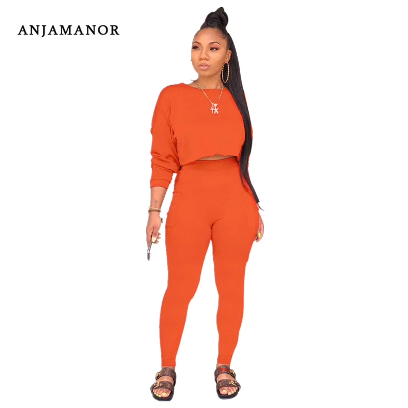 

ANJAMANOR Casual Tracksuit Women Two Piece Outfits Neon Knitted Hoodie and Sweatpant Autumn Winter 2019 Sweat Suits D59-AE84