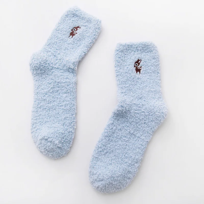 Женские носки с вышивкой, утепленные хлопковые, милые, плюшевые, сохраняющие тепло, женские, забавные, зимние носки, пушистые, kawaii, 1 пара - Цвет: deer-blue