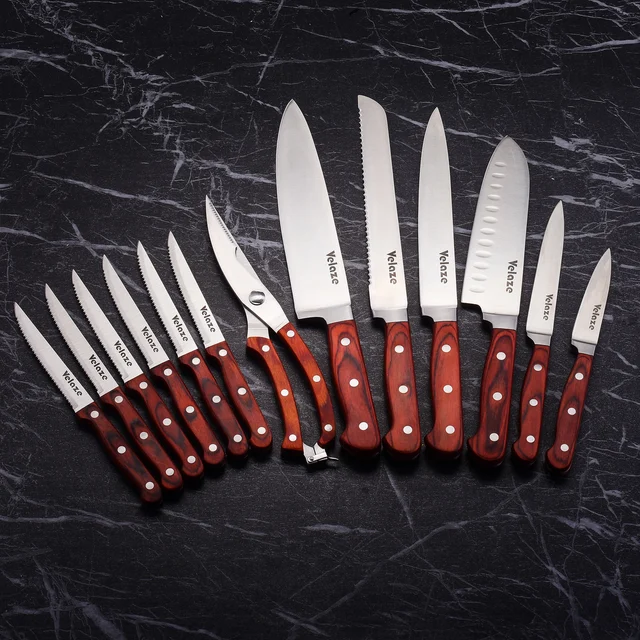 Velaze 14 Darabból Álló Konyhai Kés, Magas Széntartalmú Német Rozsdamentes Acél Éles Sápapos Hús Steak Kések Wodden Késtartóval - Image 3