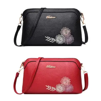 

Women Leather Crossbody Shoulder Bags Embroidery Flower Totes Zip Handbag