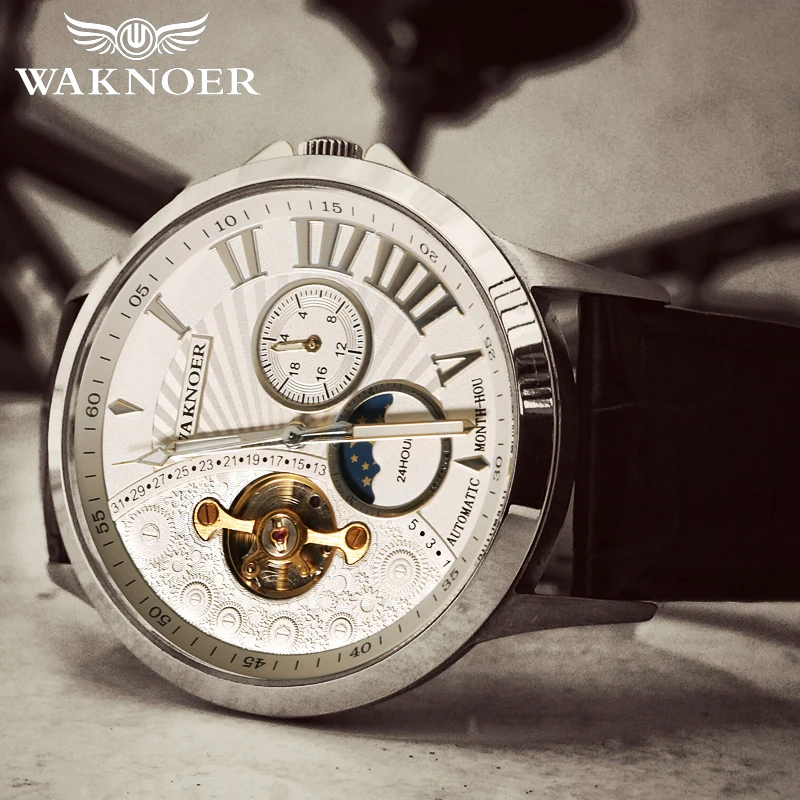 

WAKNOER Luxury Brand Mechanical Watch Men Clock Waterproof Stainless Moon Phase Business Automatic Watches Fashion montre homme