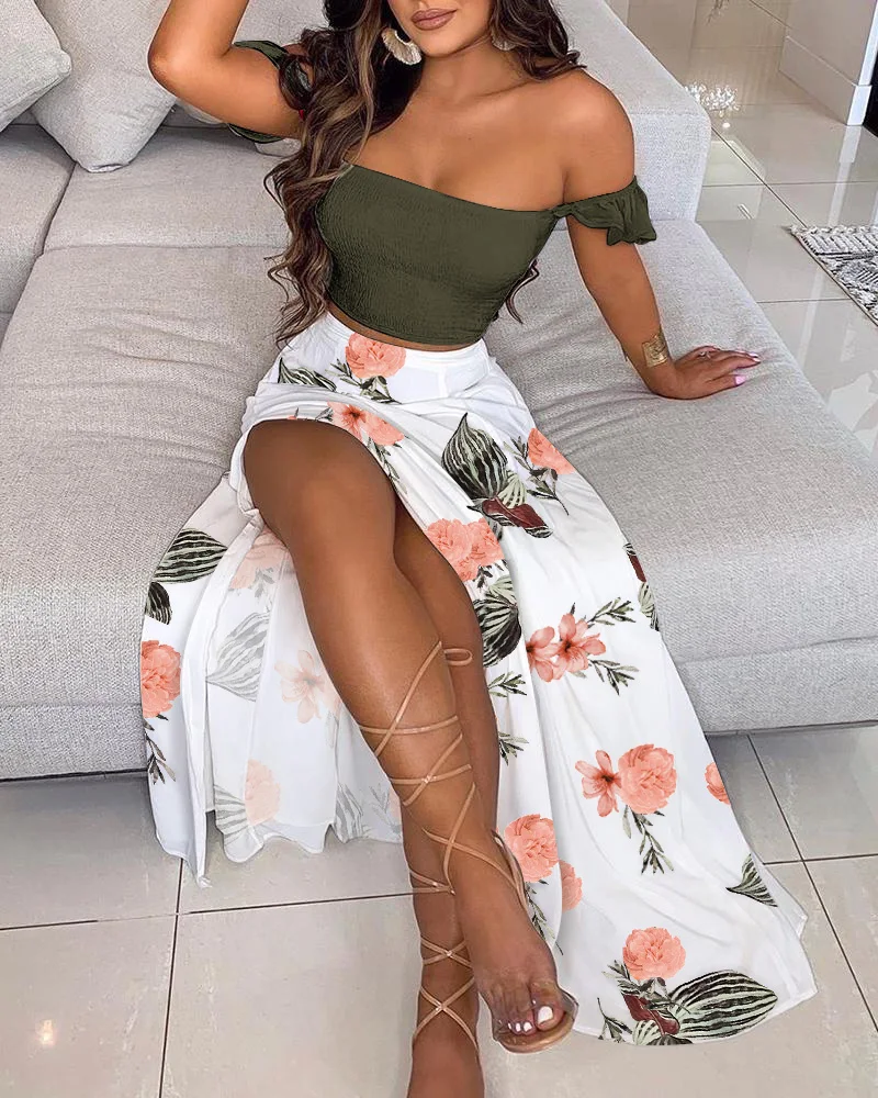 Divasily Summer Off Shoulder Ombre Colorblock Sexy Crop Top High Slit Maxi Two Piece Set Women Boho Long Skirt Suits Robe Femme yellow pant suit