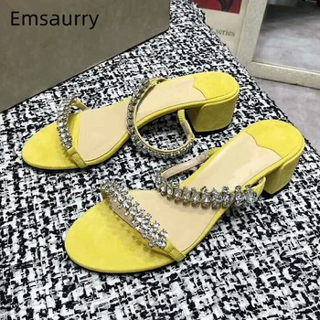 

Jeweled Crystal One-strap Runway Mules For Women Med Heel Sexy Open Toe Suede Rhinestone Summer Slippers Woman