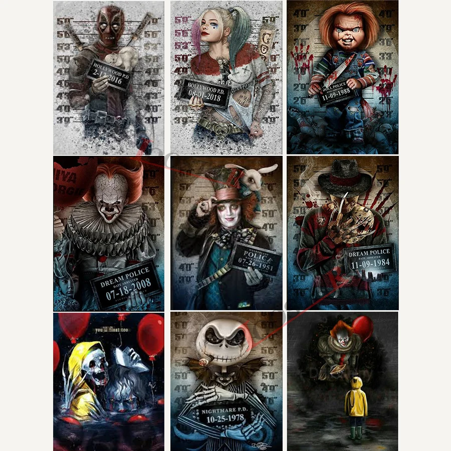 

5D Diy diamond painting halloween,Harley Quinn,chucky,freddy jail picture, Arte Horror movies cross stitch mosaic horror picture