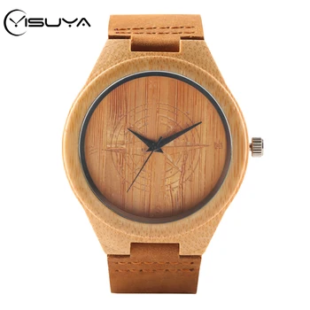 

YISUYA Wood Watch Men Clock Creative Compass Display Dial Bamboo Wooden Watch Men's Genuine Leather Wristwatch 2020 New Arrivals
