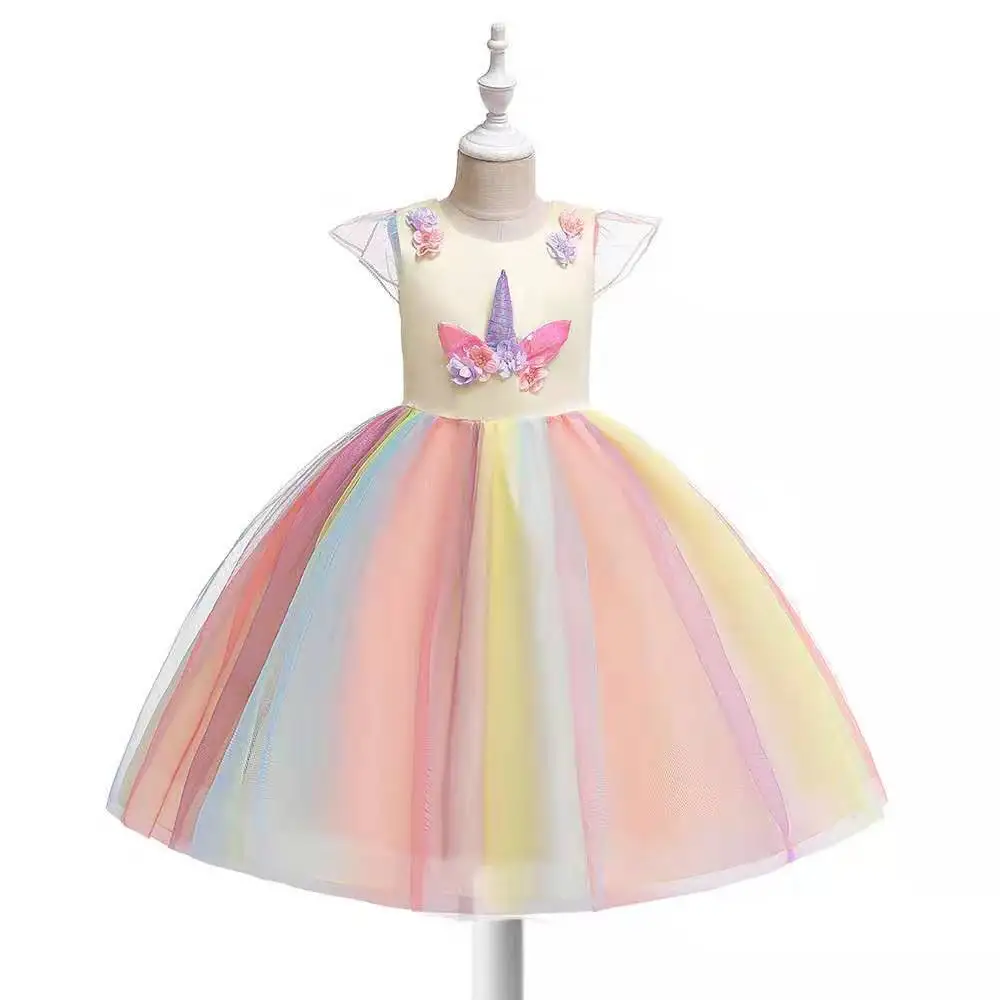 Рождественское платье детское платье с единорогом платье для девочек платье принцессы из сетчатой пряжи с радугой Хлопковое платье на возраст от 3 до 10 лет
