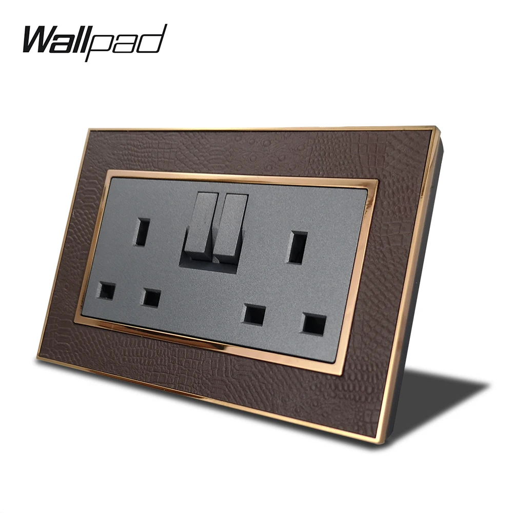 

Wallpad L1 Double Switched 13A UK 3 Pin Plug Wall Electric Power Single Socket Outlet Gold Metal Frame Leather Panel