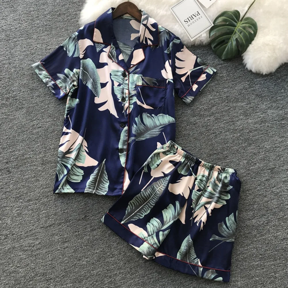 Осенний сатиновый пижамный комплект, Модный женский Шелковый топ с отложным воротником и принтом, штаны, комплект одежды для сна, Pijama Mujer