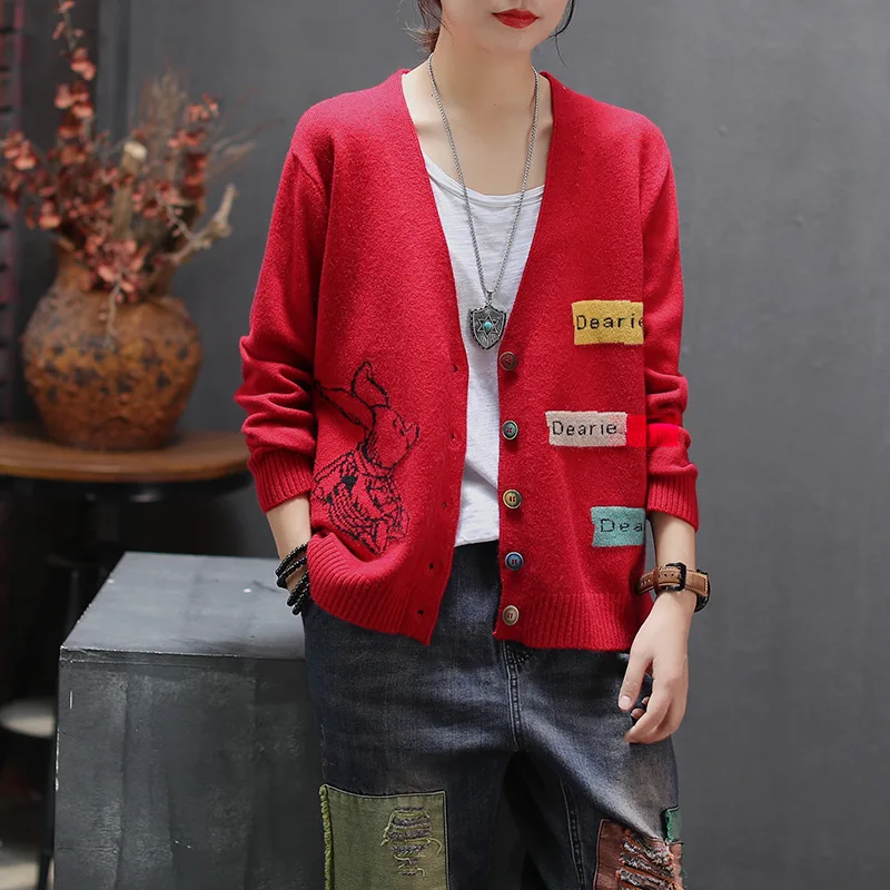 

Women Female Autumn Fashion Korea Style Pig Embroidery Loose Core Yarn Color Button V-neck Casual Cardigan Knitted Sweater