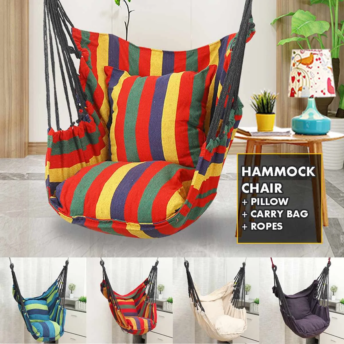 Portable Hammock Hanging Rope Chair Swing Chair Seat w/ 2 Pillows Garden Deck UK 