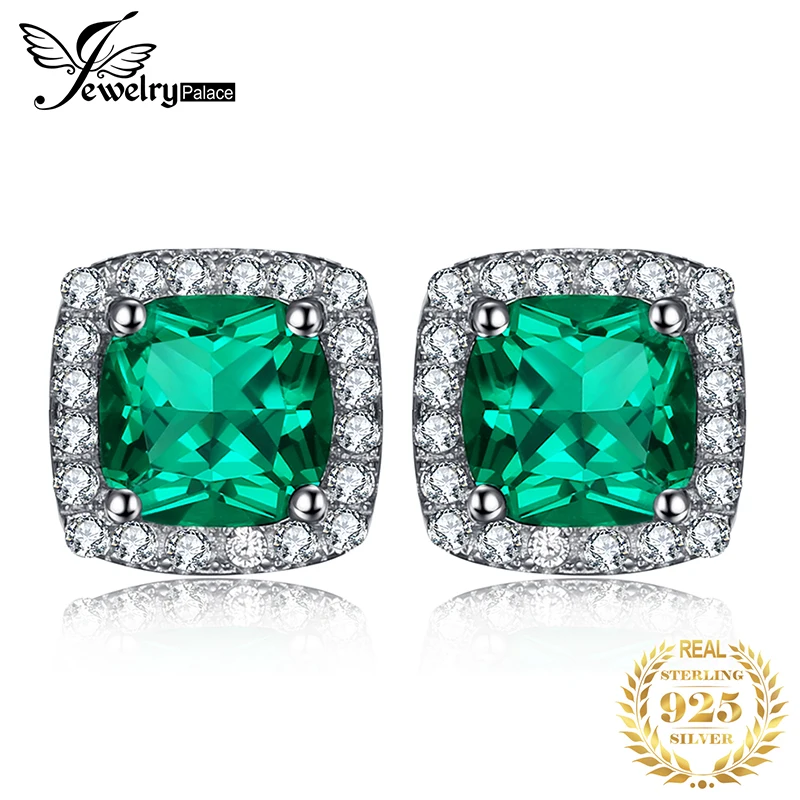 Jewelrypalace Подушки 2.1ct создания Изумрудный Halo Серьги-гвоздики Твердые стерлингового