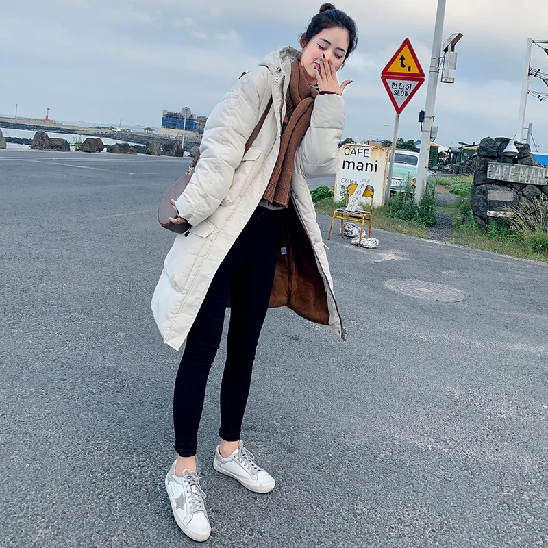 

Photo Shoot 19 Korean-style down Jacket Women's Simple New Style Loose-Fit down Coat Hooded Thick over-the-Knee Cotton Coat Stud
