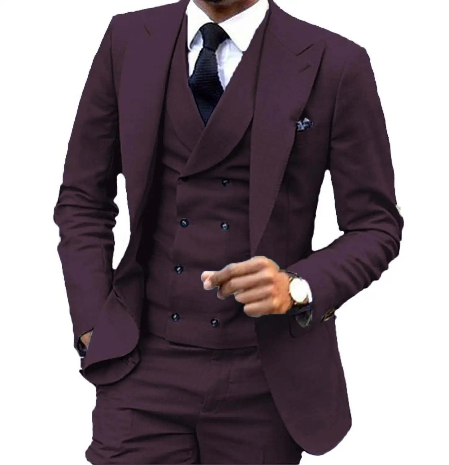 Мужской двубортный костюм с жилетом, павлин, синий, свадебный смокинг для жениха, мужские костюмы на выпускной, лучшая мужская одежда, Блейзер, костюмы из 3 предметов - Цвет: purplishred