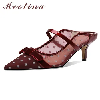 

Meotina Pumps Women Bow Patent Leather High Heel Mules Shoes Pointed Toe Thin Heels Cutouts Lady Footwear Summer Beige Wine Red