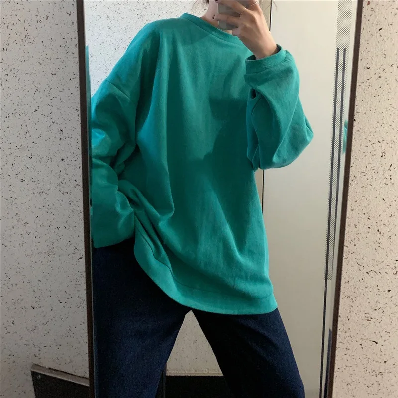 Зимний корейский ulzzang шикарный свободный Harajuku свитер с длинными рукавами ins простой сплошной цвет o-образным вырезом ins Повседневная Женская толстовка - Цвет: green