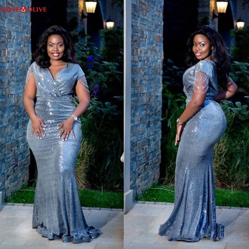 

Prom Dresses 2020 Bling Plus Size African Sequined Cap Sleeve Tassel Deep V Neck Sexy Mermaid Long Evening Gowns Sparkle Party