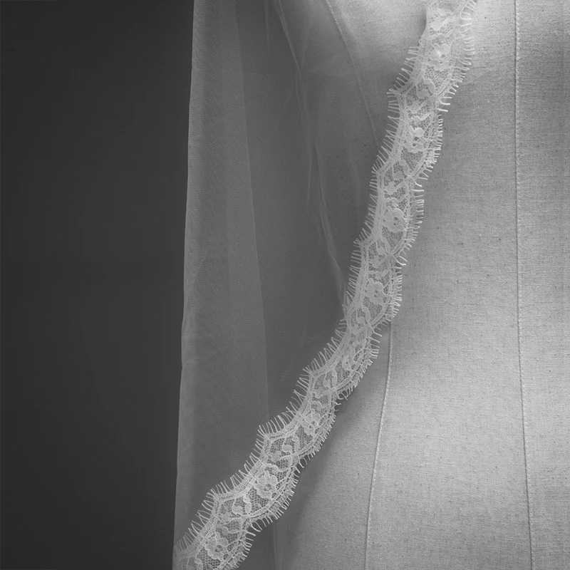Women Wedding Accessories White Lace Veil 1 Layers Tulle Ribbon Edge Bridal Veils