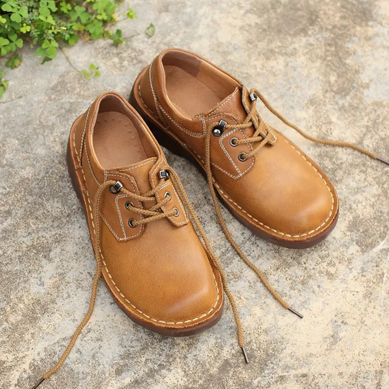 US 6-10 Classical Lace Up Men Leather Casual Work Shoes Big Round Toe Comfortable Oxfords Male Spring Four Seasons