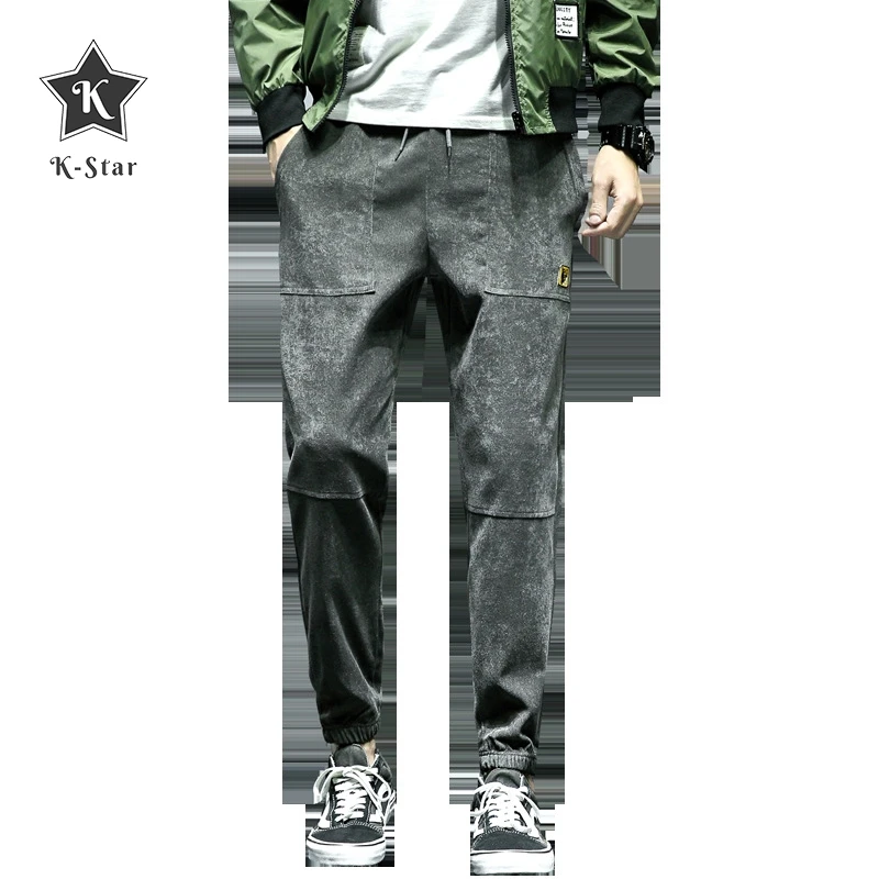 

K-Star Spring Summer men's Sports Casual Pants Trousers Loose Fit Slim Harem Pants Corduroy Nine Points Small Feet Pants Tide