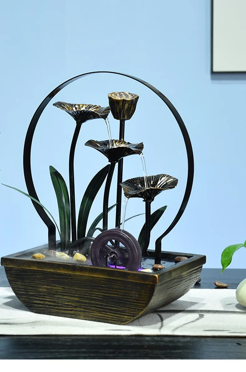 110 V-220 V креативных железных лепесток фонтан воды Lucky Feng Shui колеса водопад установка для бурения небольших Особенности увлажнитель домашний декор
