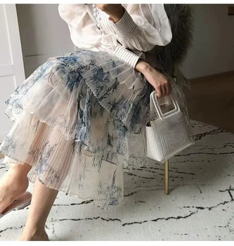 

Women's skirt Ink floral print organza skirt organ pleated mid-length skirt