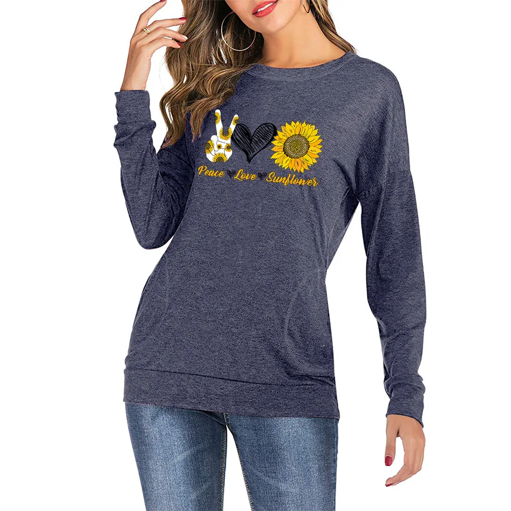 

2020 Autumn Women's Casual T-shirt Peace Love Sunflower Letter Print round-Neck Pocket Long-Sleeve T-shirt Women's Top